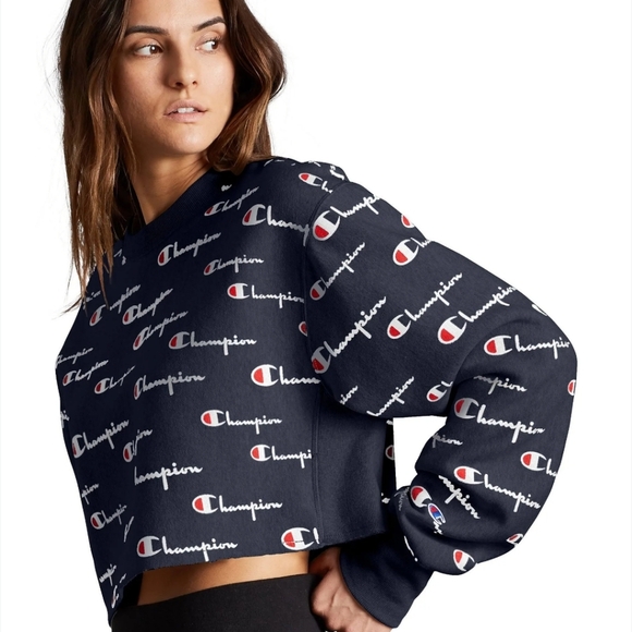 Champion Women Reverse Weave All-over Logo Cropped Cut Off Crewneck - Picture 3 of 9